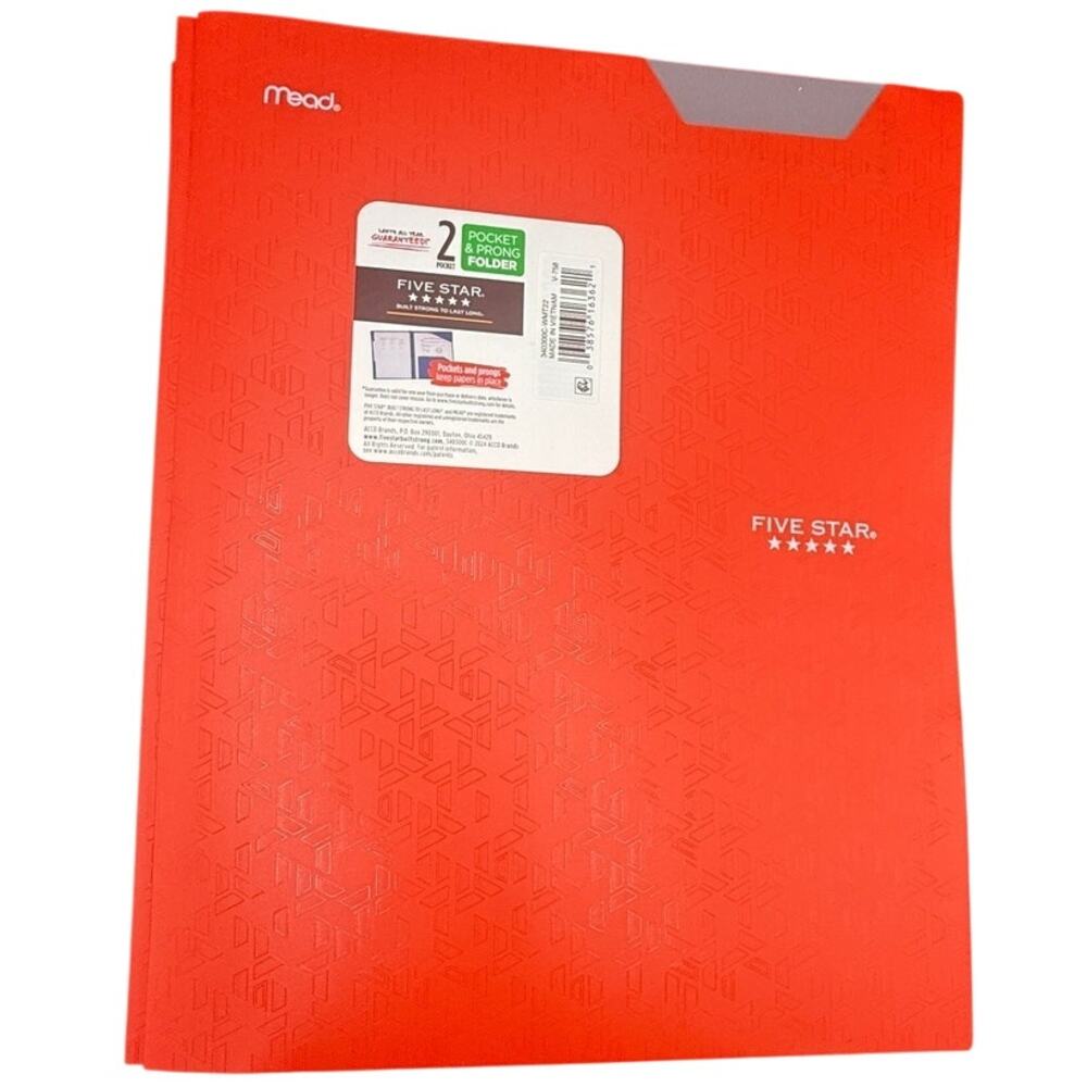 Five Star Plastic Folder with Prongs 2 Pockets RED  - FAST SHIP